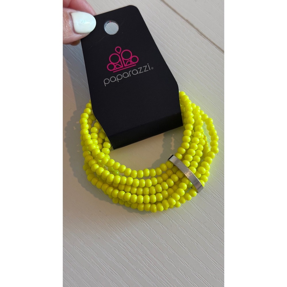 Paparazzi Neon Yellow 5-Strand Seed Bead Stretch Bracelet Silver Bar Accent